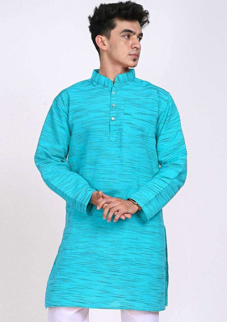 Turquoise Blue Woven Design Cotton Kurta Set For Men - Indya