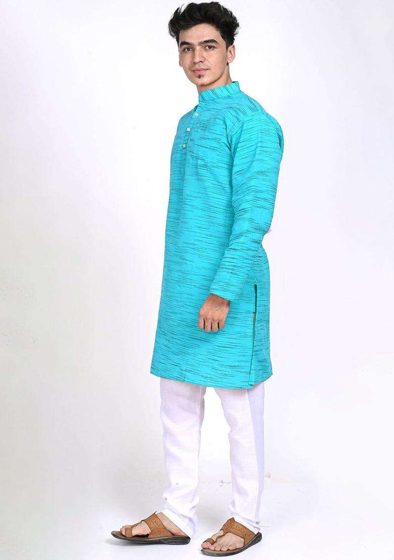Turquoise Blue Woven Design Cotton Kurta Set For Men - Indya