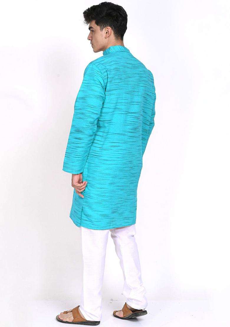 Turquoise Blue Woven Design Cotton Kurta Set For Men - Indya