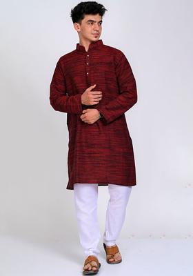 Maroon Woven Design Cotton Kurta Set For Men