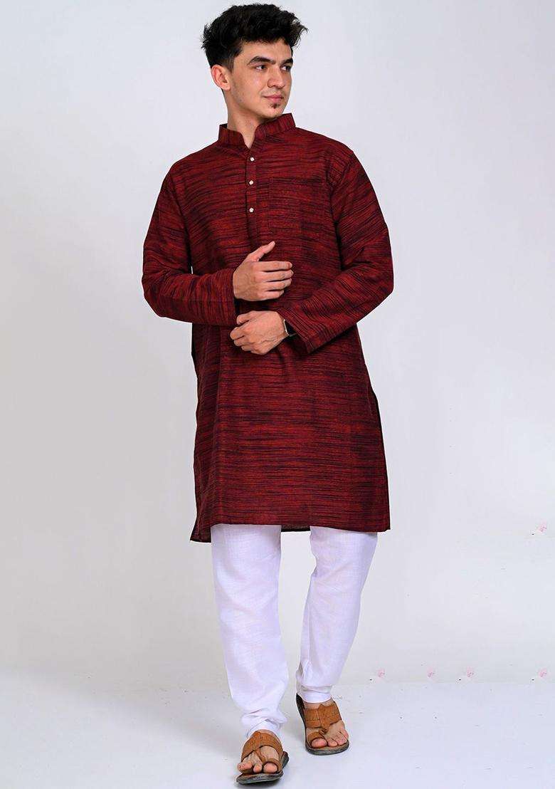 Maroon Woven Design Cotton Kurta Set For Men - Indya
