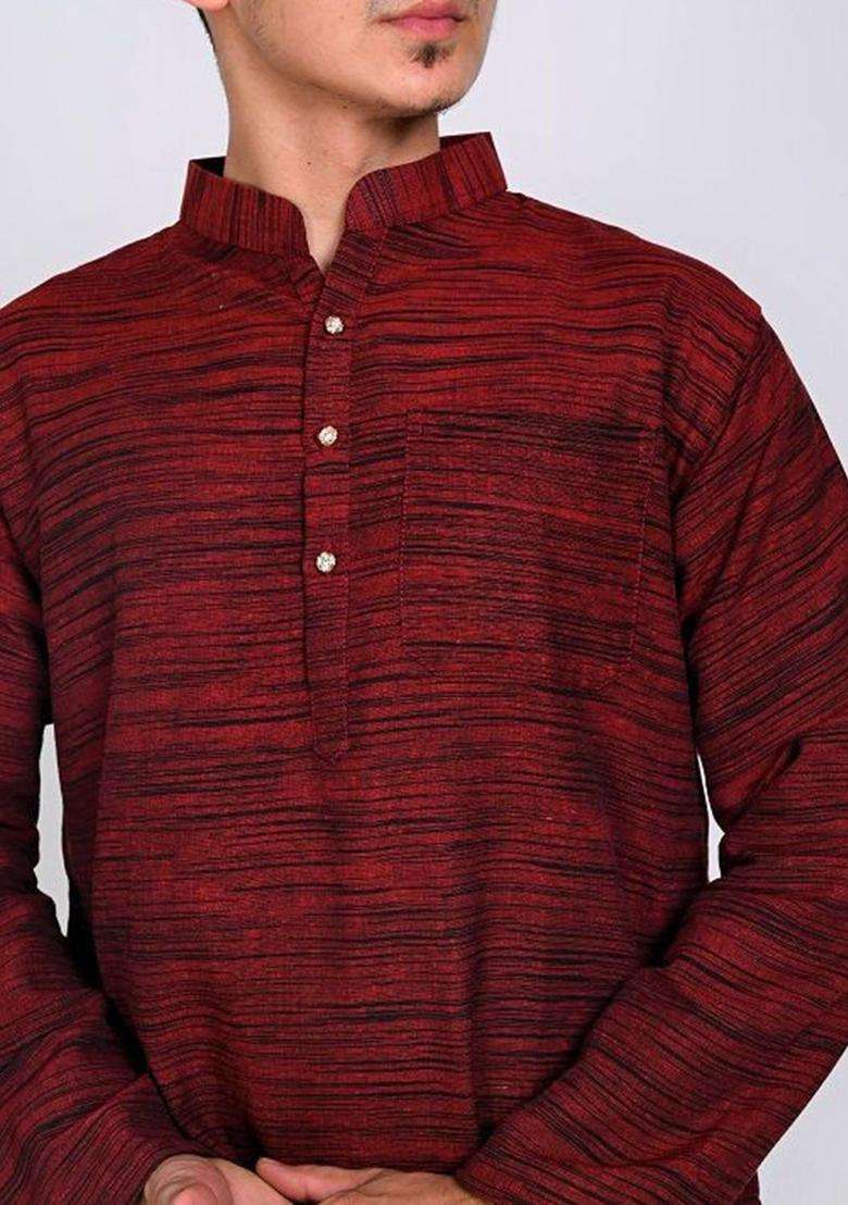 Maroon Woven Design Cotton Kurta Set For Men - Indya