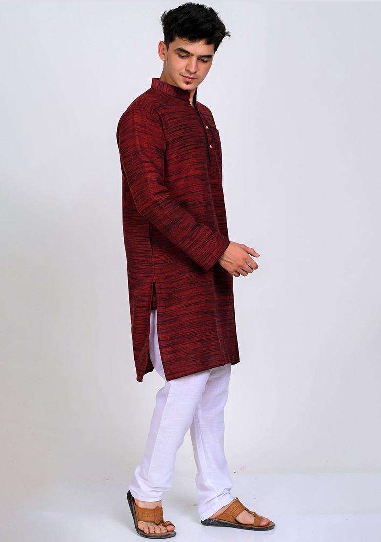 Maroon Woven Design Cotton Kurta Set For Men - Indya