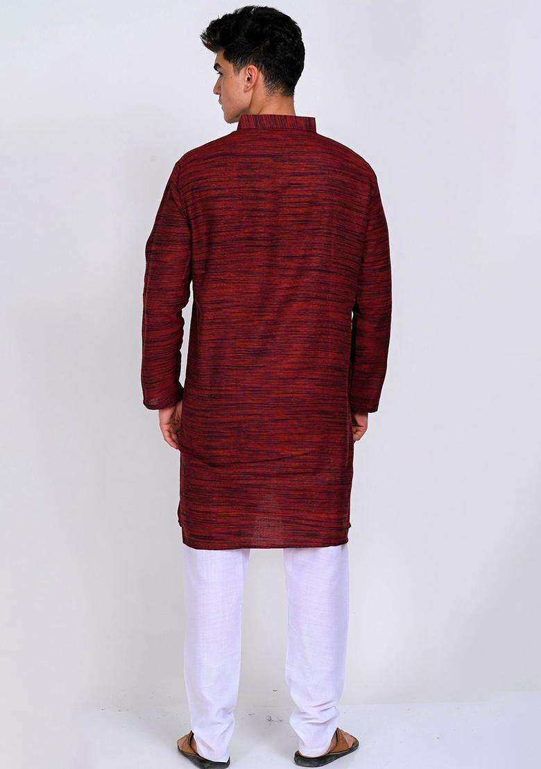 Maroon Woven Design Cotton Kurta Set For Men - Indya