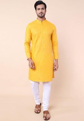 Yellow Striped Cotton Kurta Set For Men