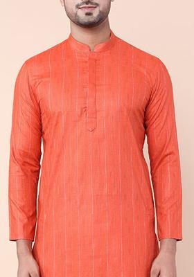 Orange Striped Cotton Kurta Set For Men