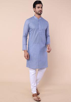 Blue Striped Cotton Kurta Set For Men