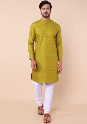 Green Woven Design Cotton Kurta Set For Men
