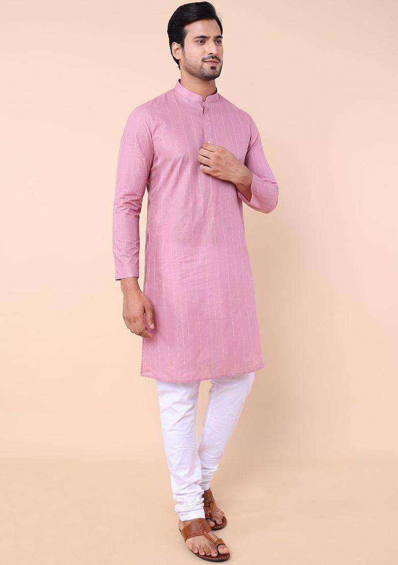 Pink Woven Design Cotton Kurta Set For Men - Indya
