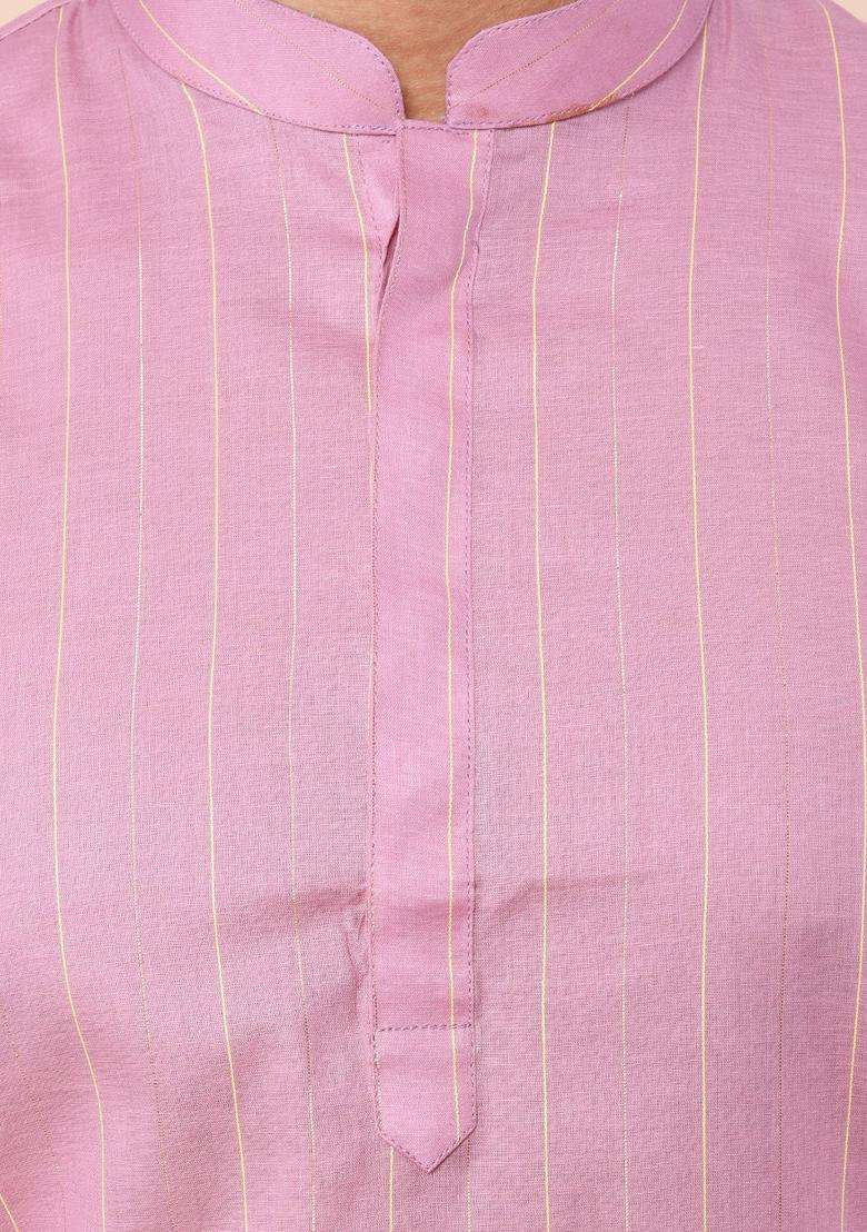 Pink Woven Design Cotton Kurta Set For Men - Indya