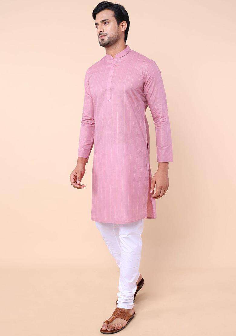 Pink Woven Design Cotton Kurta Set For Men - Indya