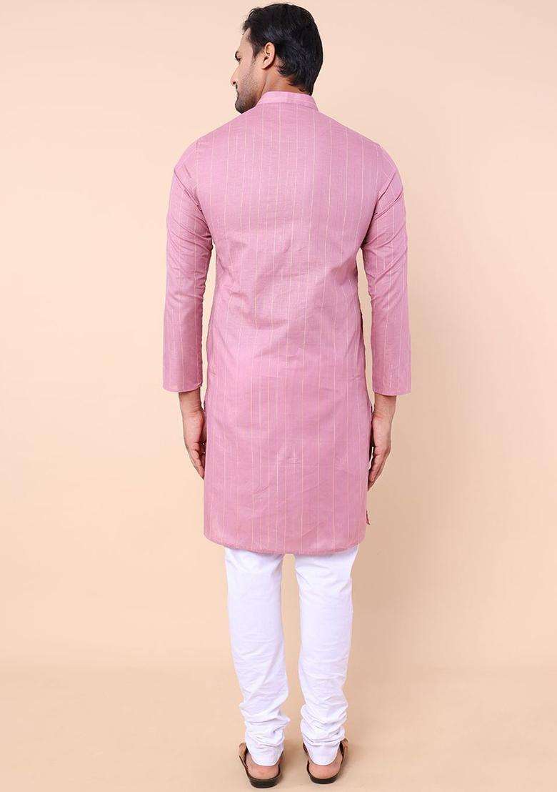 Pink Woven Design Cotton Kurta Set For Men - Indya