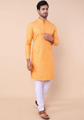 Orange Solid Cotton Kurta Set For Men