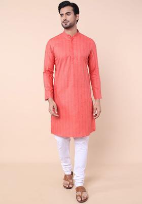 Red Striped Cotton Kurta Set For Men