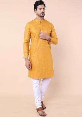 Yellow Striped Cotton Kurta Set For Men