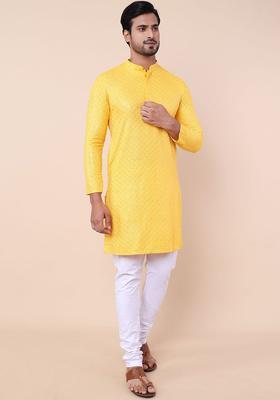 Yellow Embroidered Silk Kurta Set For Men