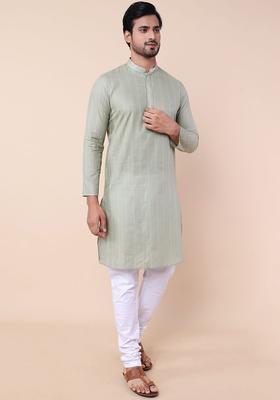 Sea Green Striped Cotton Kurta Set For Men