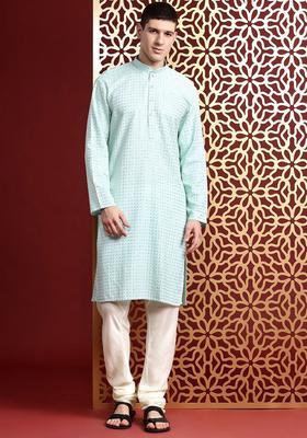 Turquoise Blue Embroidered Cotton Kurta Set For Men