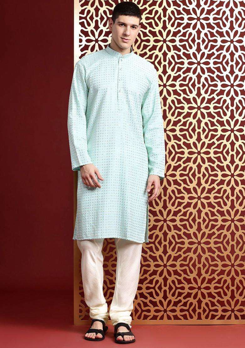 Turquoise Blue Embroidered Cotton Kurta Set For Men - Indya