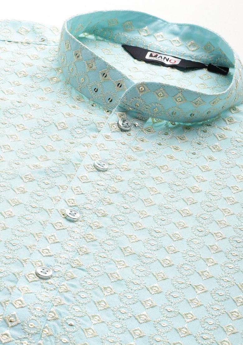 Turquoise Blue Embroidered Cotton Kurta Set For Men - Indya