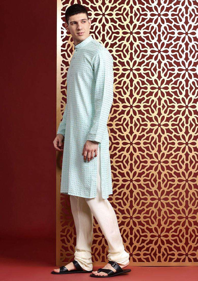 Turquoise Blue Embroidered Cotton Kurta Set For Men - Indya