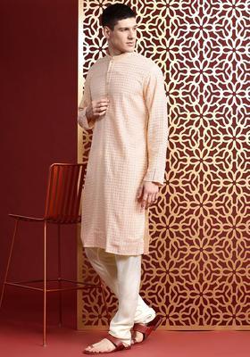 Peach Embroidered Cotton Kurta Set For Men