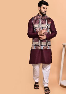 Purple Solid Cotton Kurta Set For Men