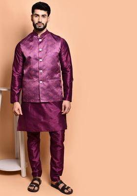 Purple Solid Silk Kurta Set For Men