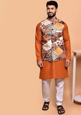 Orange Solid Cotton Kurta Set For Men