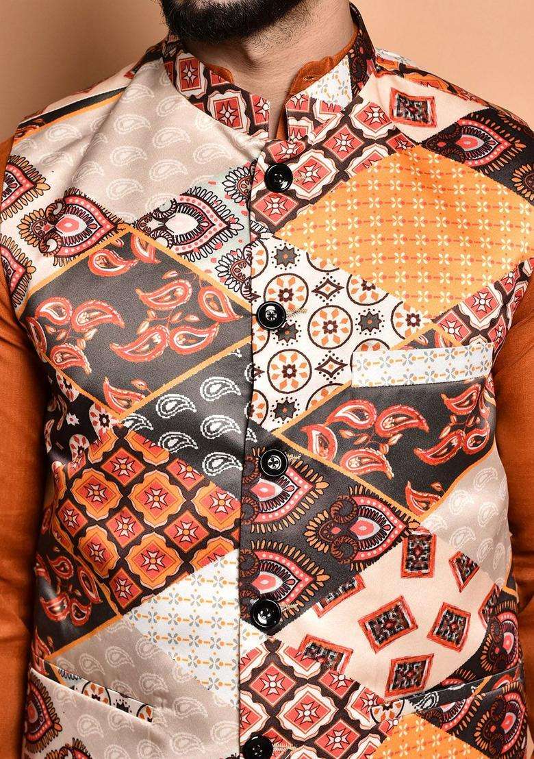 Orange Solid Cotton Kurta Set For Men - Indya