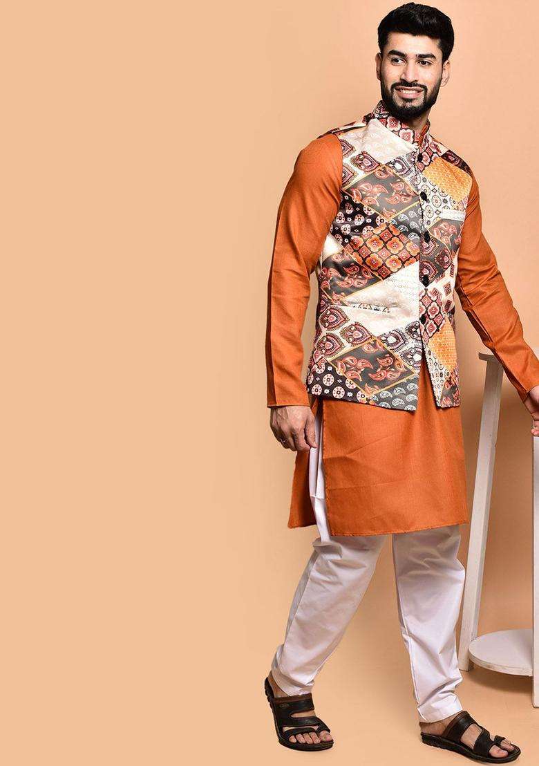 Orange Solid Cotton Kurta Set For Men - Indya