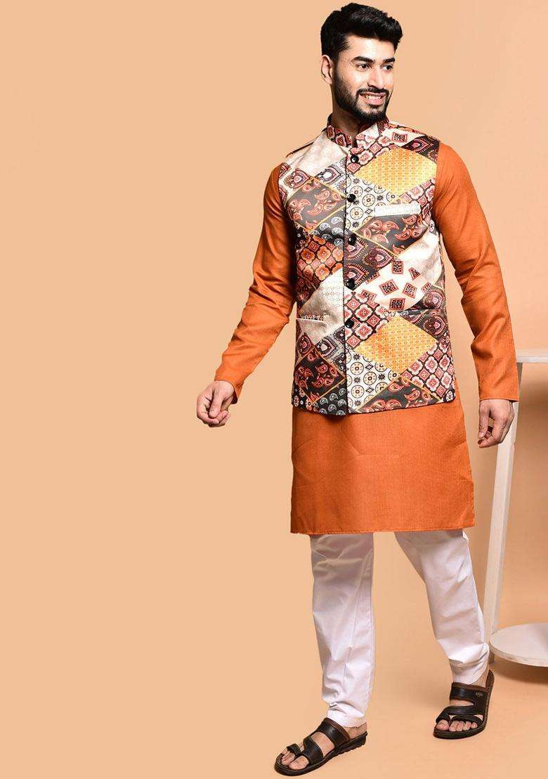 Orange Solid Cotton Kurta Set For Men - Indya