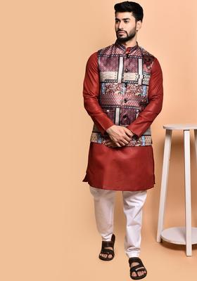 Maroon Solid Cotton Kurta Set For Men