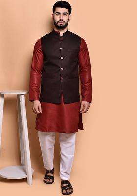 Maroon Solid Cotton Kurta Set For Men