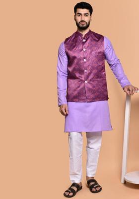 Lavender Solid Cotton Kurta Set For Men