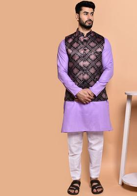 Lavender Solid Cotton Kurta Set For Men