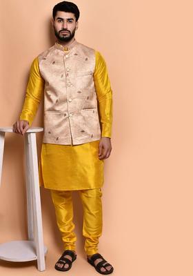 Yellow Solid Silk Kurta Set For Men