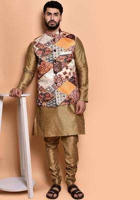 Gold Solid Silk Kurta Set For Men