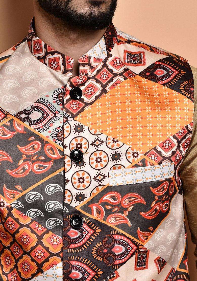 Gold Solid Silk Blend Kurta Set For Men - Indya