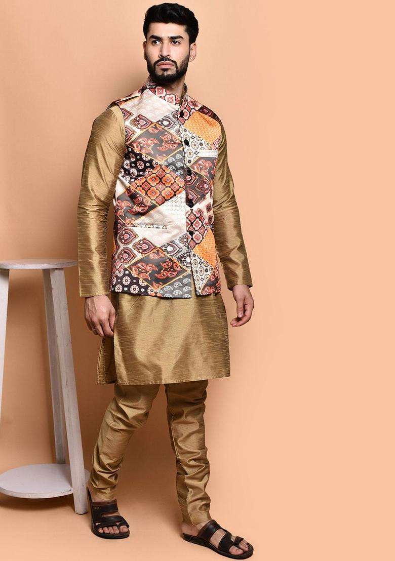 Gold Solid Silk Blend Kurta Set For Men - Indya