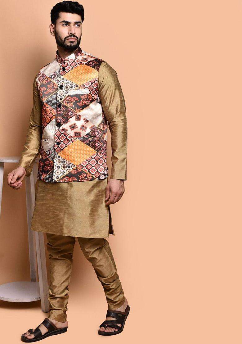 Gold Solid Silk Blend Kurta Set For Men - Indya