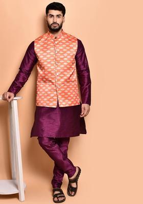 Purple Solid Silk Kurta Set For Men
