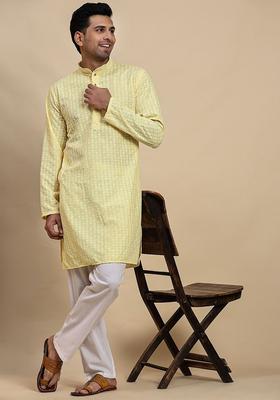 Yellow Embroidered Cotton Kurta Set For Men