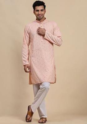 Peach Embroidered Cotton Kurta Set For Men