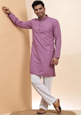 Purple Embroidered Cotton Kurta Set For Men