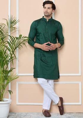 Green Striped Cotton Kurta Set For Men