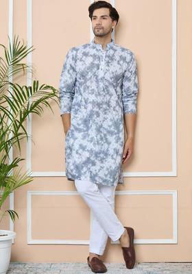 Grey Printed Cotton Kurta Set For Men
