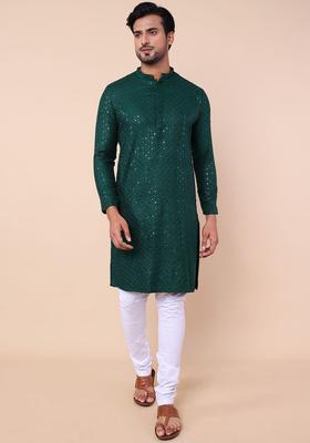 Green Embroidered Silk Kurta Set For Men