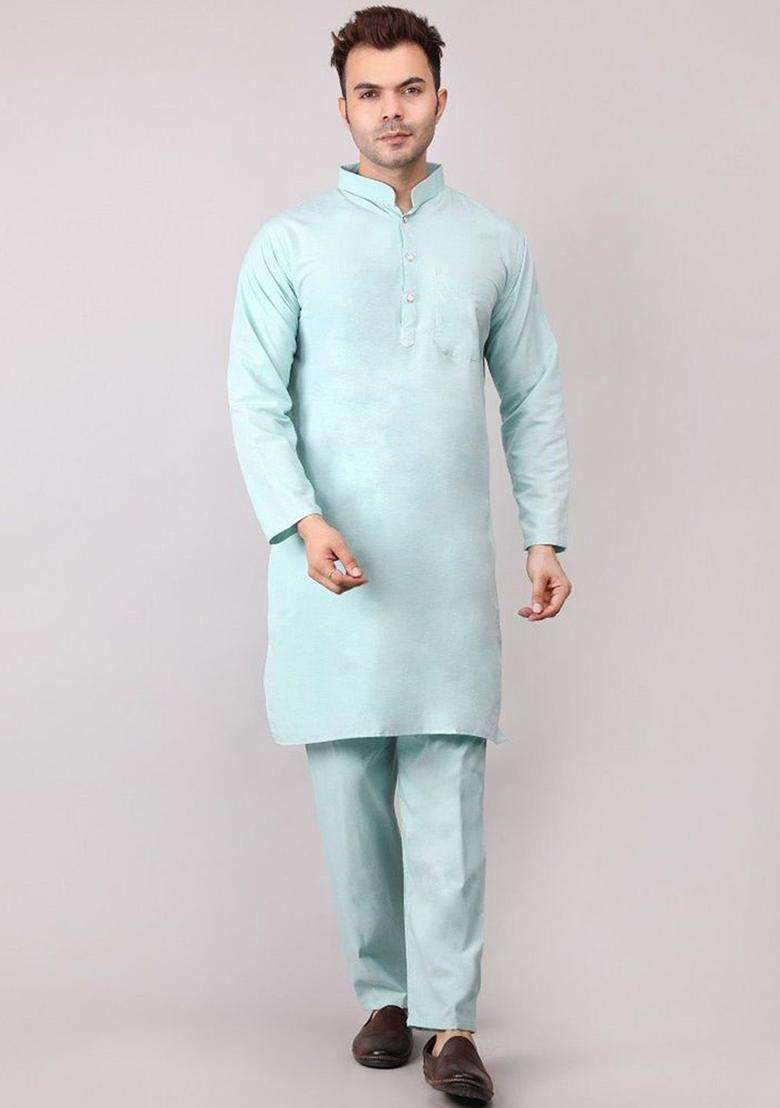 Green Solid Cotton Kurta Set For Men - Indya