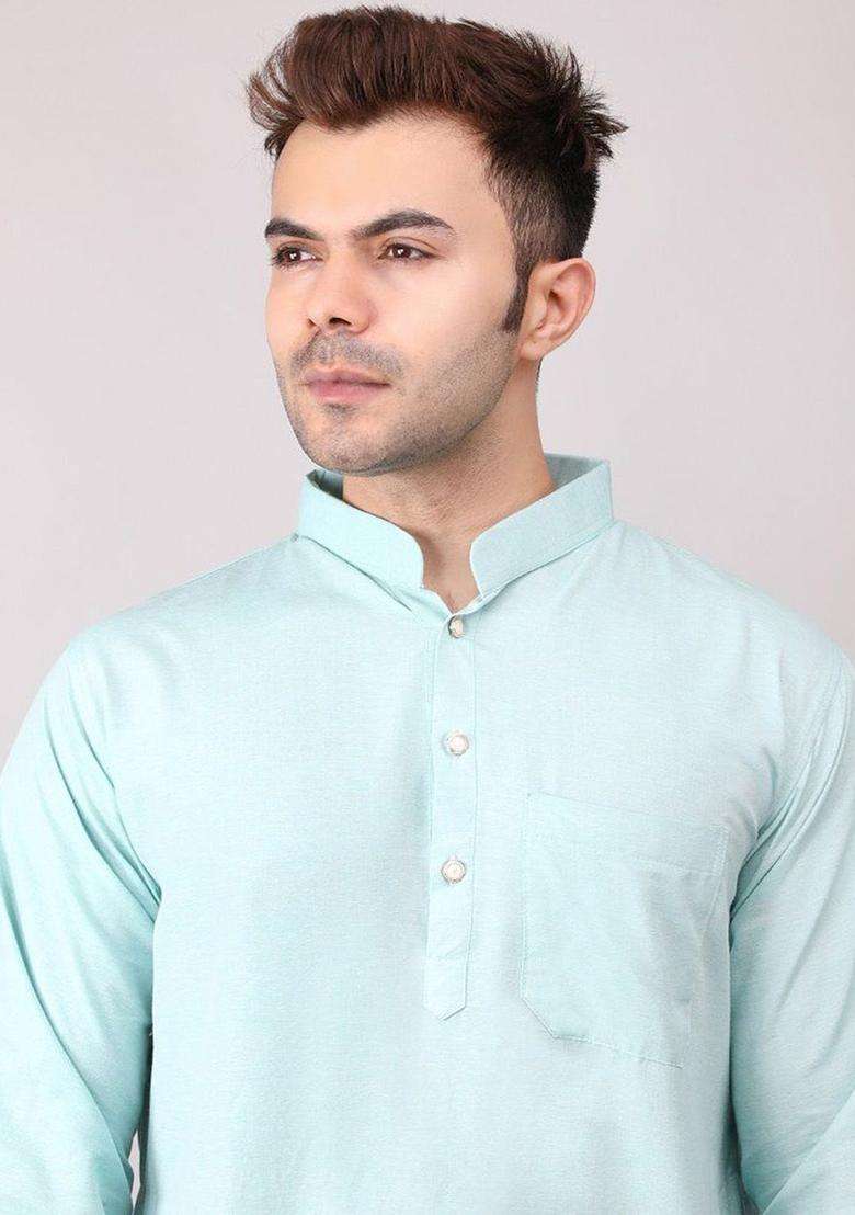 Green Solid Cotton Kurta Set For Men - Indya